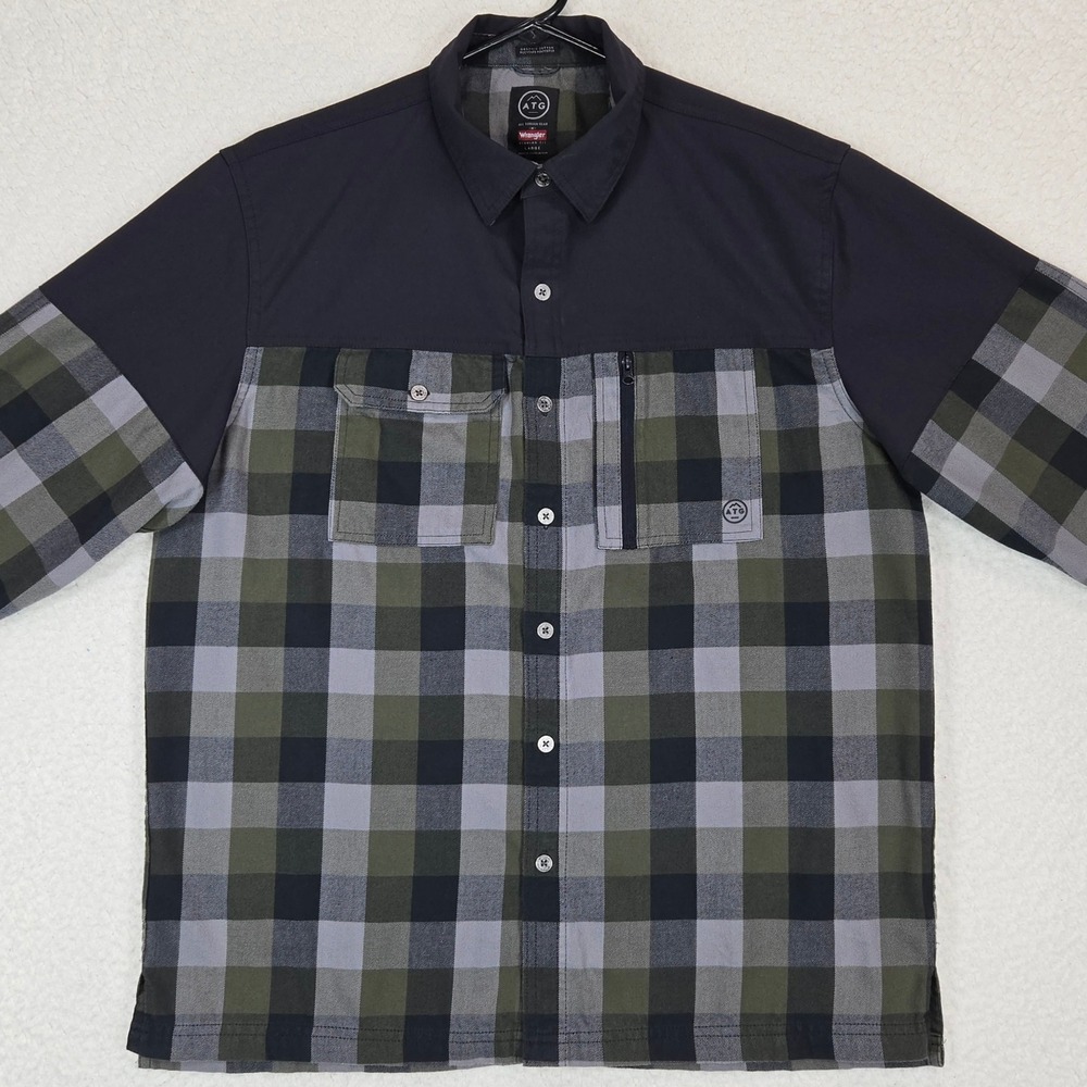 Wrangler ATG Shirt Mens L Green Plaid Flannel Hybrid Utility Trekking Yoke - Picture 3 of 13